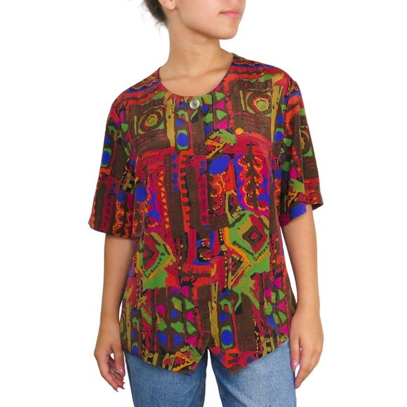 Bora Bora 1980s Vintage Rainbow Geometric Multicolor Button Up Shirt Large - Picture 1 of 6